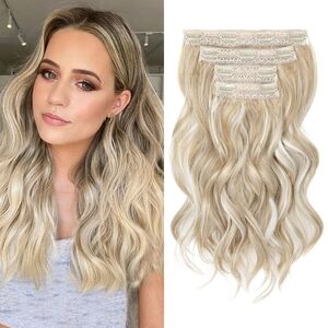 4PCS 14" Beach Wavy Clip-In Extensions • Ash Blonde Highlights • Natural Soft